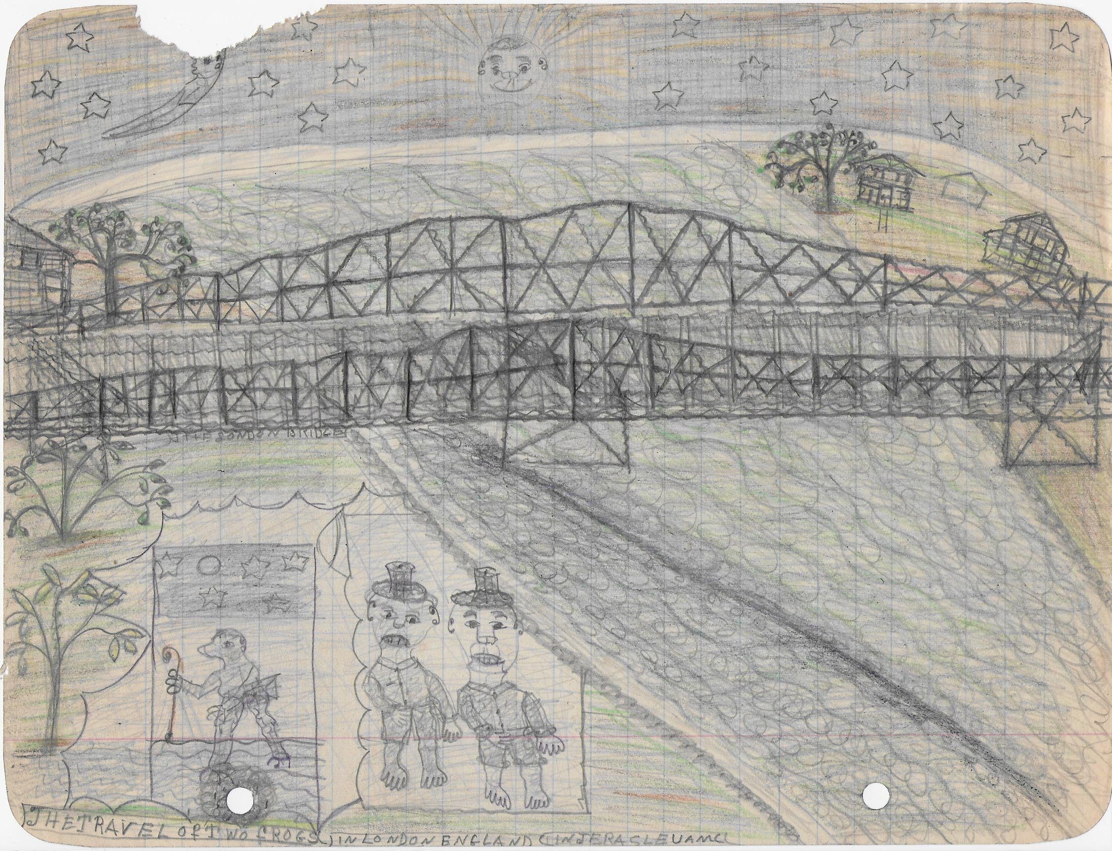 Pearl Blauvelt (1893 - 1987)
Untitled (The Travel of Two Frogs in London, England, in Jerasleuam), c. 1940s
graphite and colored pencil on notebook paper
8.5 x 11 inches
21 x 27 cm
Courtesy of Andrew Edlin Gallery, New York.