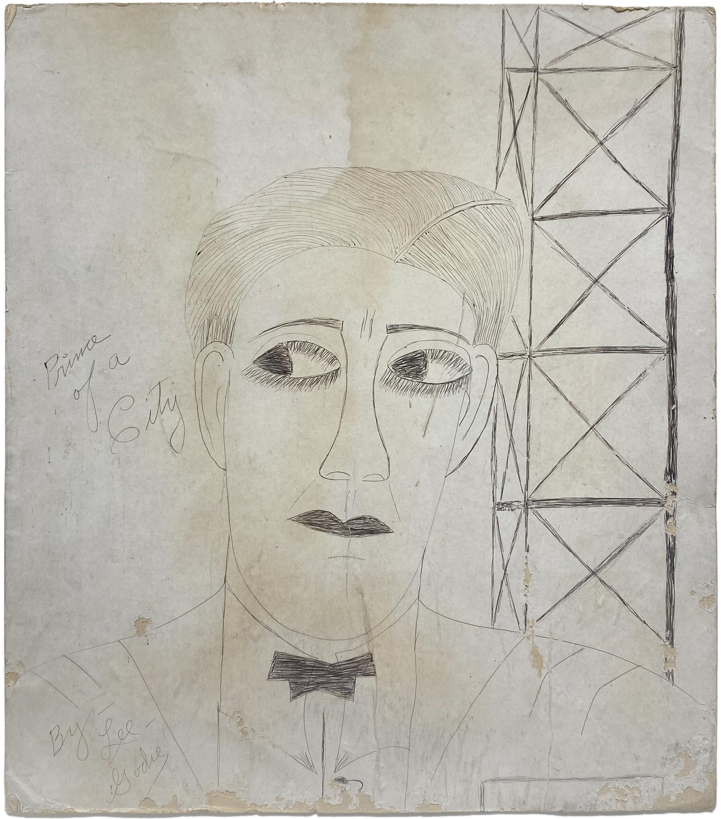 Lee Godie (1908 - 1994)
Prince of a City
ink on cardboard
18 x 15 in.
45 x 38 cm
Collection of Nora Woolley and Matthew F. Fisher
