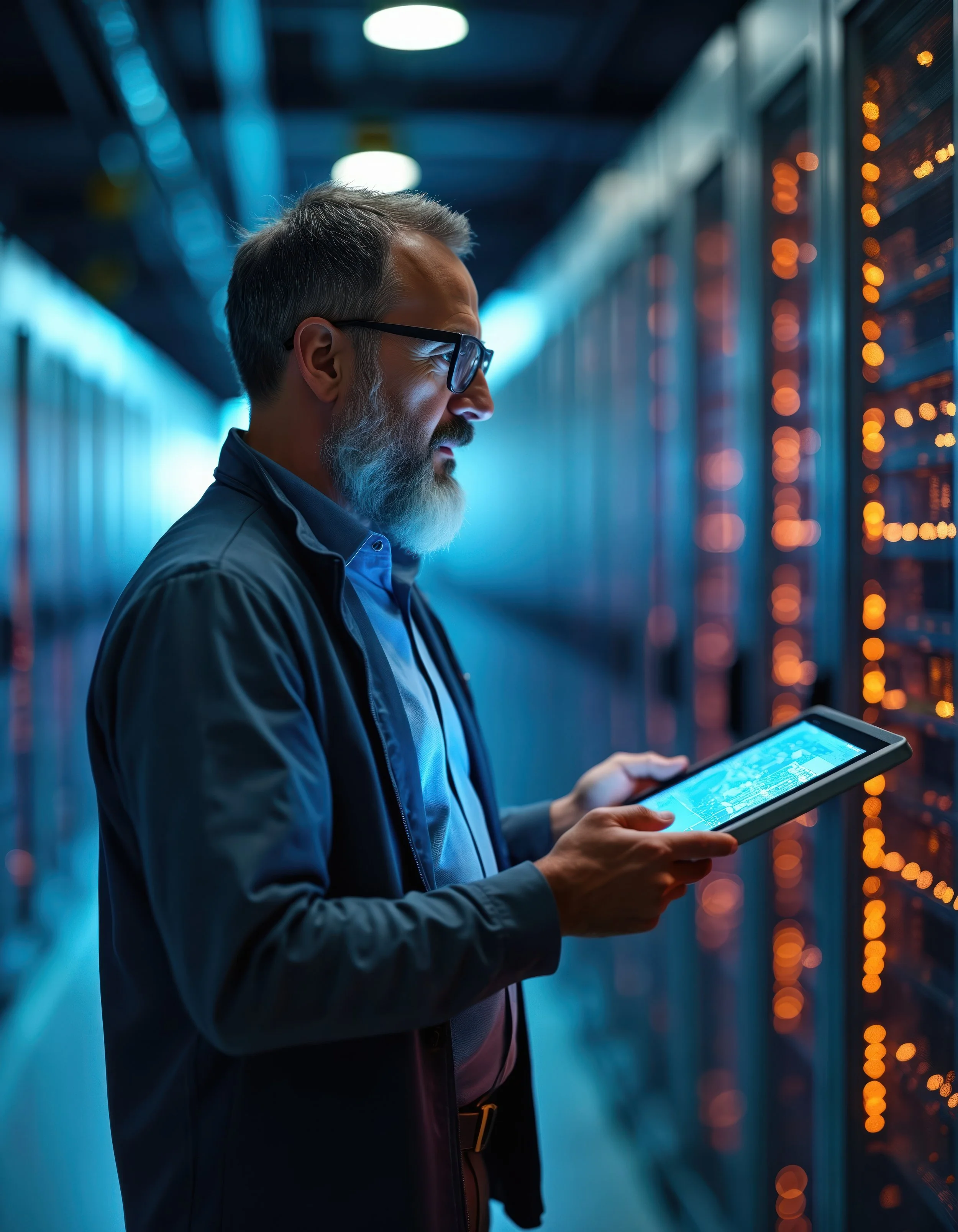 Engineer checks a tablet in a server room lit by rows of status lights