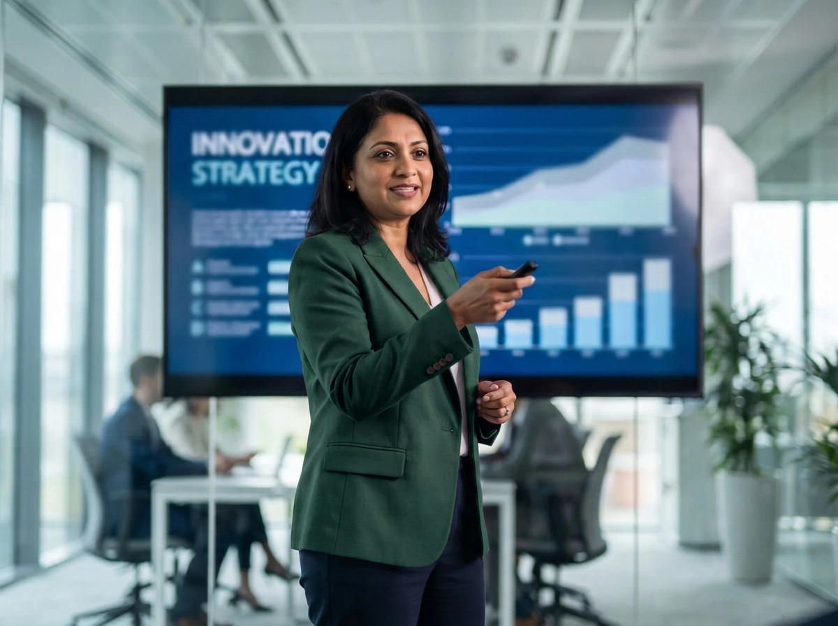 Presenter walks colleagues through an innovation strategy and growth charts in a glass-walled meeting room