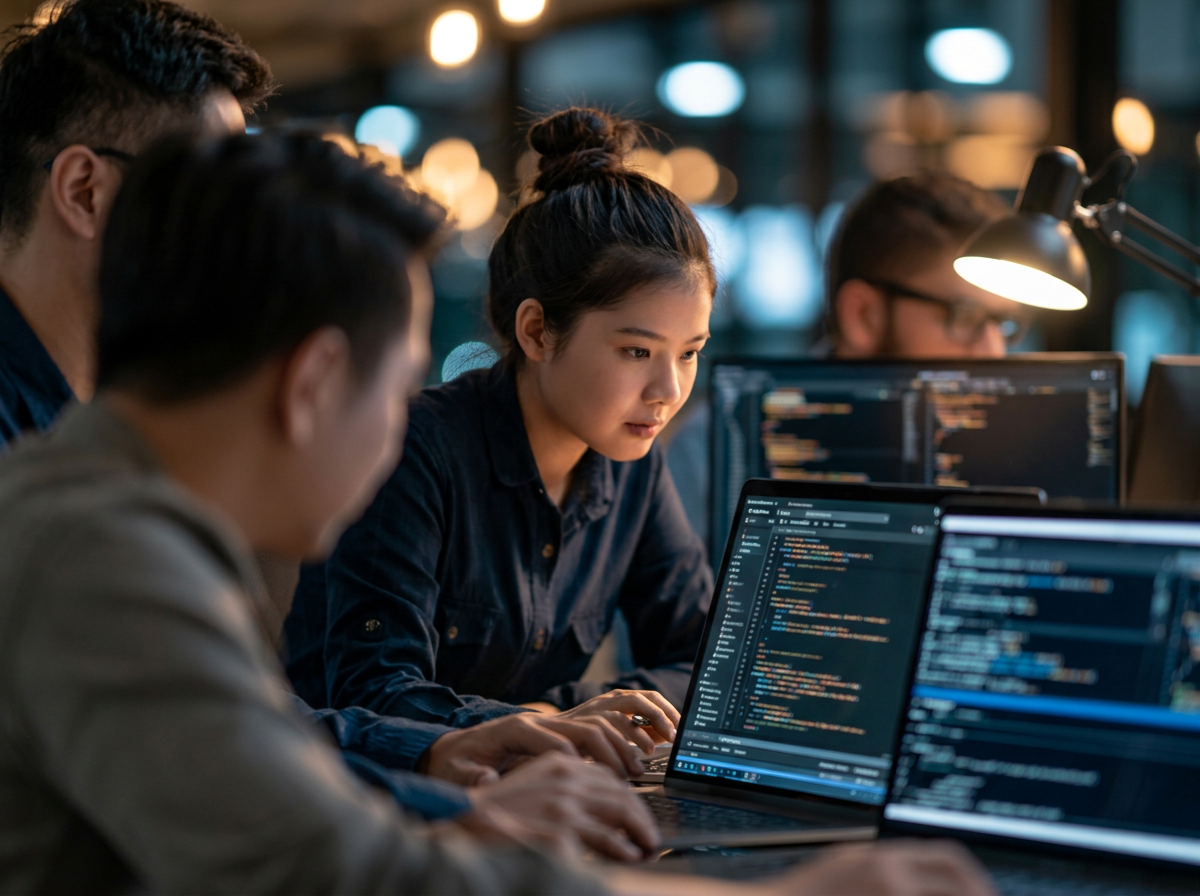 Software developers write code side by side on laptops in a shared workspace