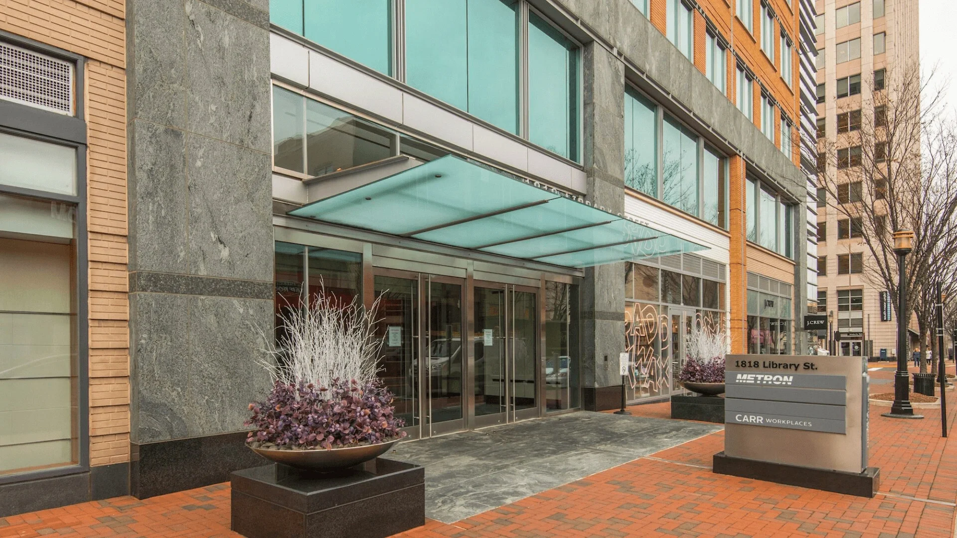 Entrance to Northramp's headquarters building at 1818 Library Street in Reston, Virginia
