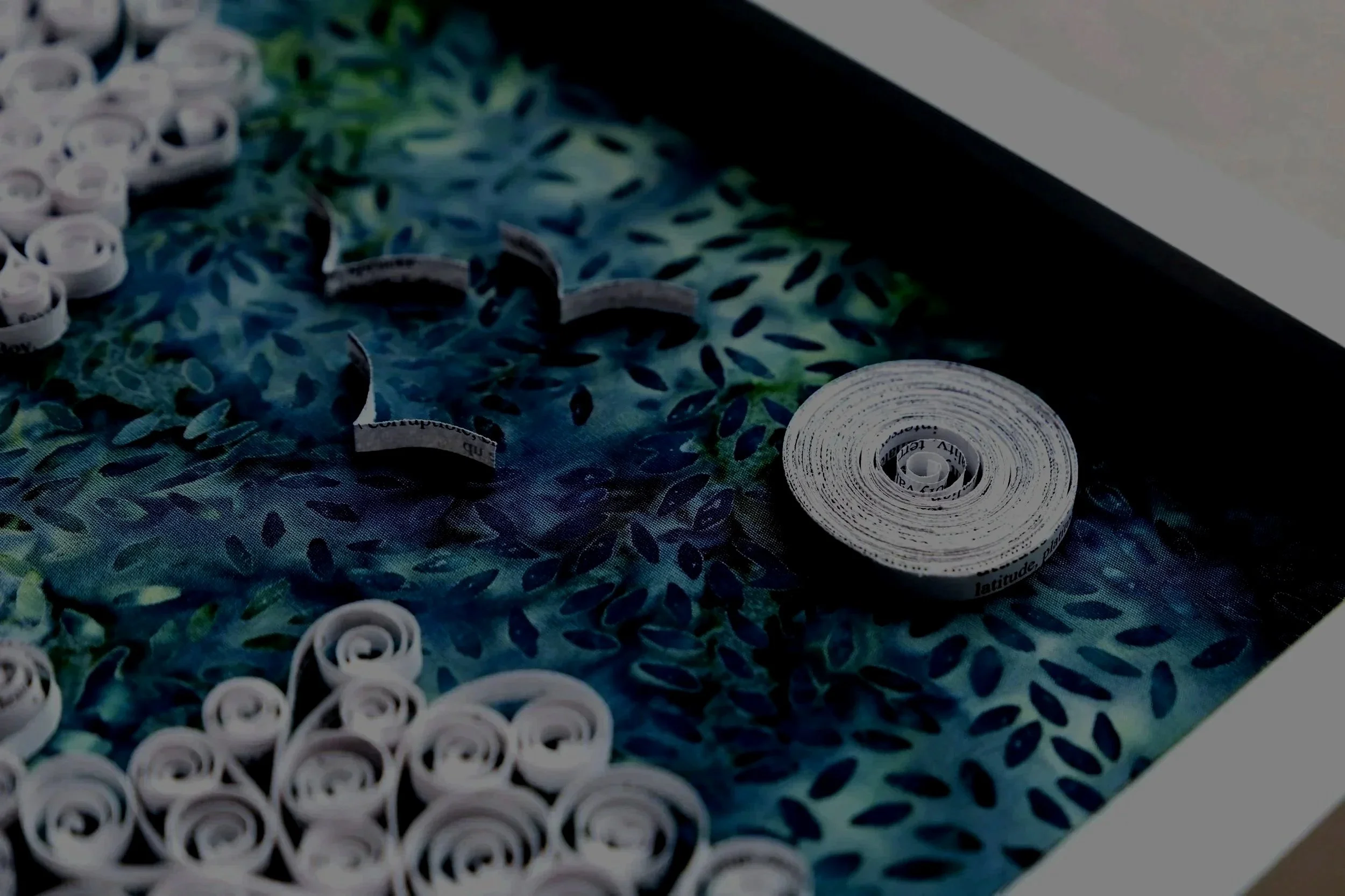 Close-up of a collection of small, white, paper scrolls arranged on a blue patterned surface, with some partially unrolled.