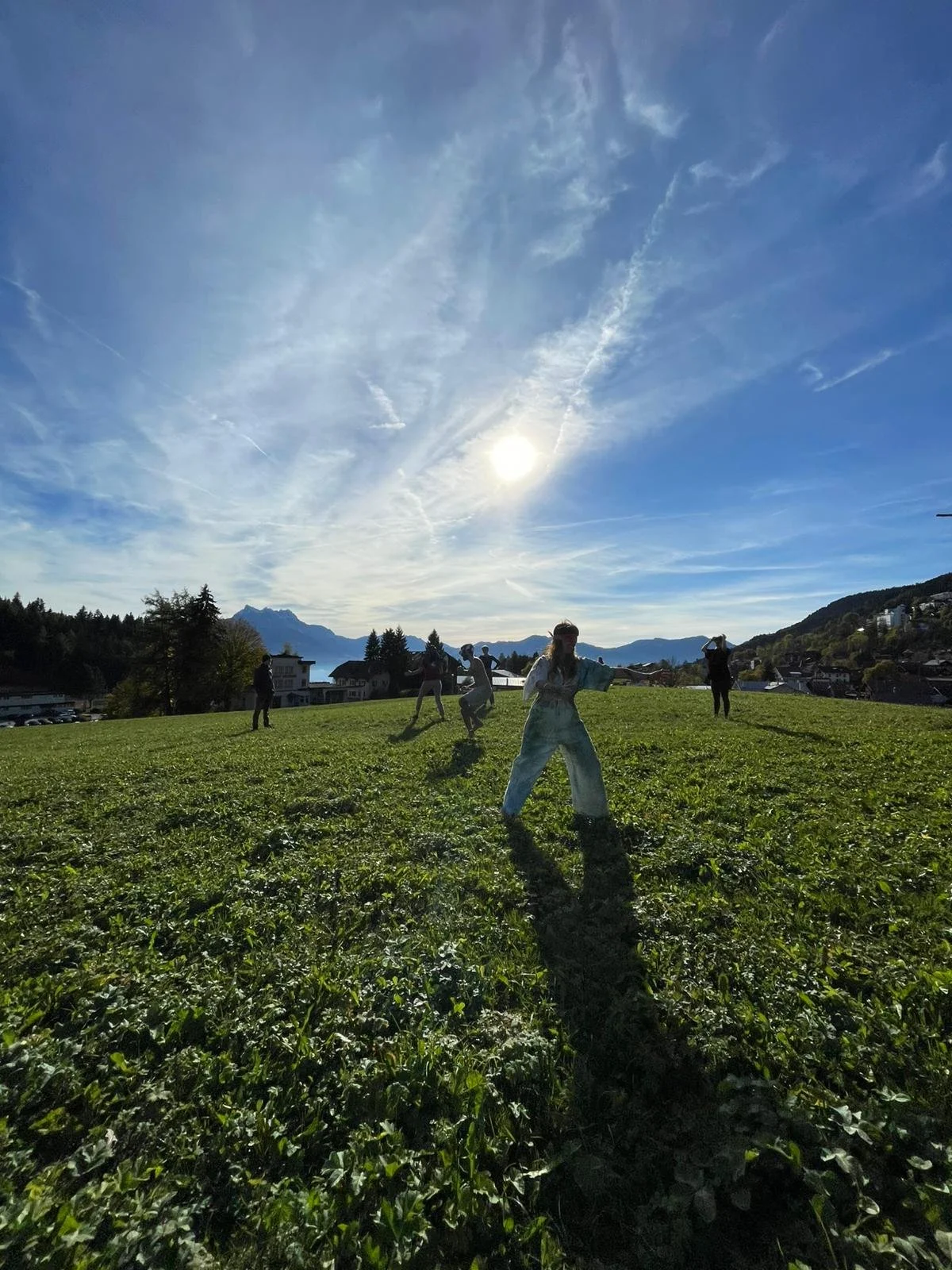 People practicing tai chi or yoga on a grassy field under a bright, sunny sky with mountains in the background.