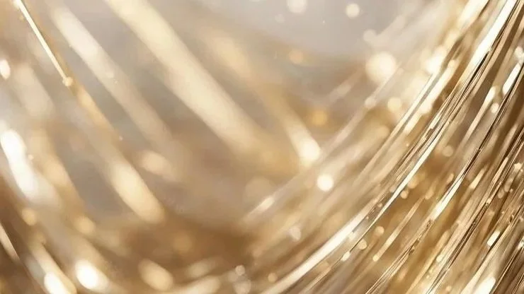 Close-up of golden, shiny, metallic material with reflective surfaces and curved lines.