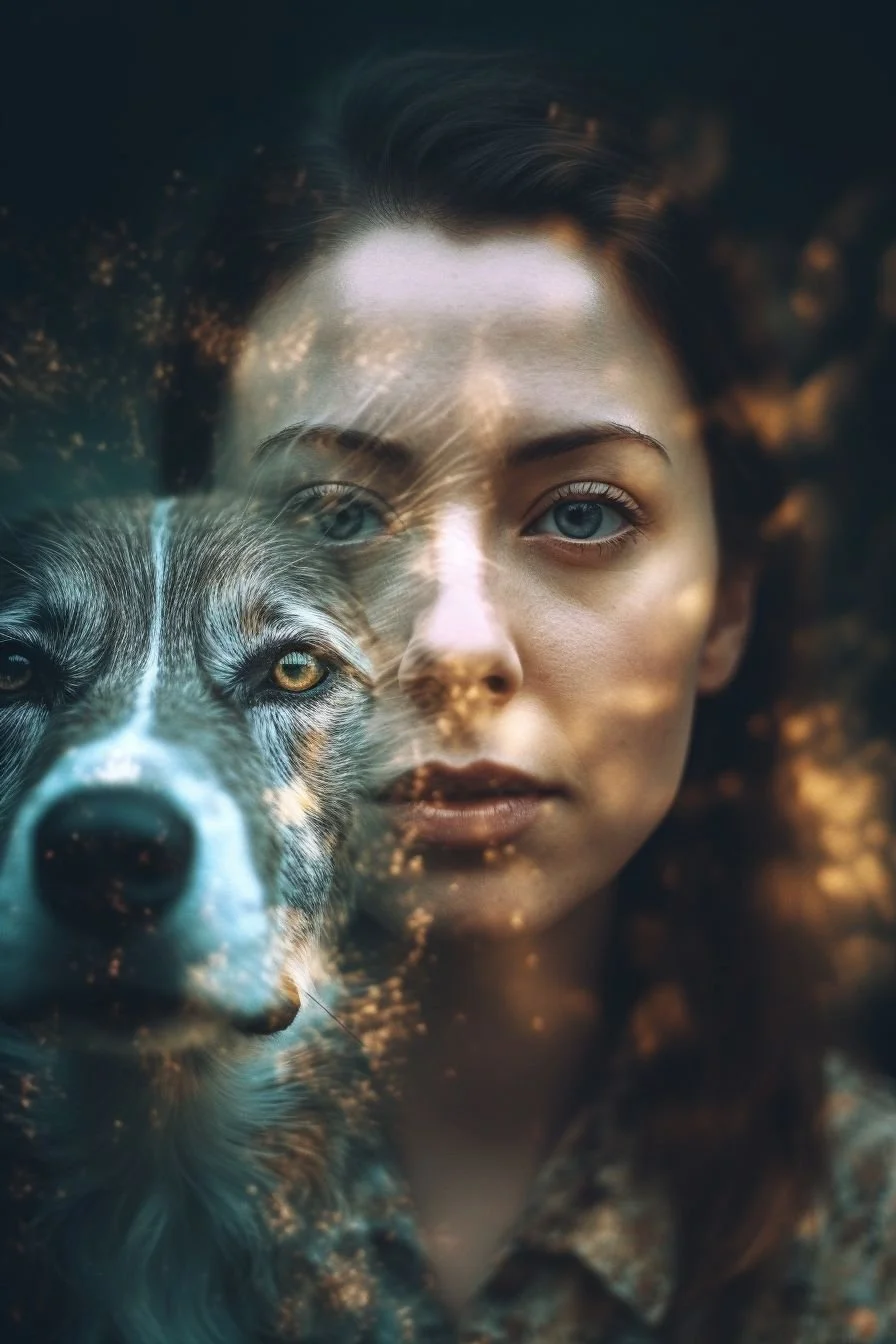 A young woman with blue eyes and a snowy gray and white Siberian husky dog, both looking directly at the camera, with a dreamy and warm background.