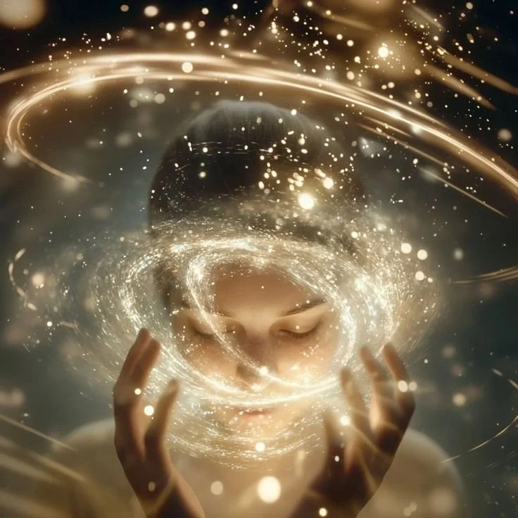 A person with closed eyes surrounded by swirling golden sparkles and light effects, creating a magical or mystical atmosphere.
