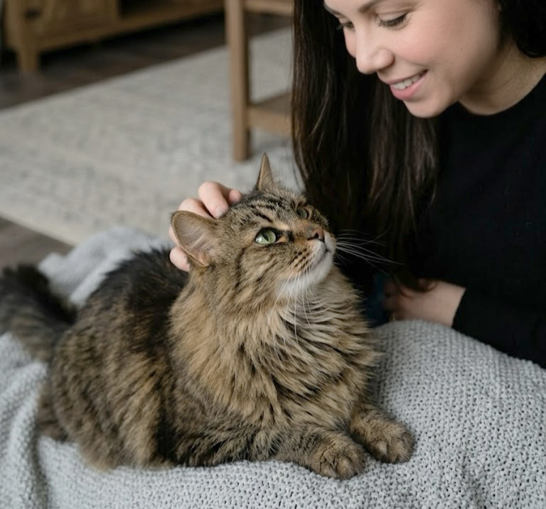 A woman gently petting a fluffy tabby cat with green eyes indoors.