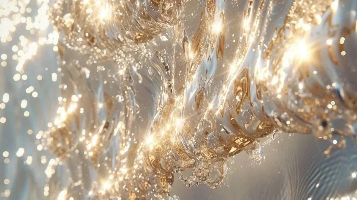 Close-up of a decorative object with gold and silver metallic swirling patterns and sparkling highlights.
