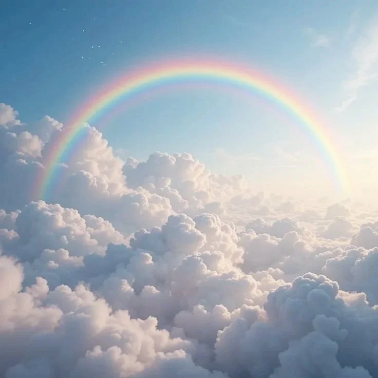 A rainbow arching over a sky filled with fluffy clouds during daytime.