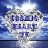 A large diamond-shaped heart with the words 'COSMIC HEART TV' written inside, set against a background of the ocean and sky.