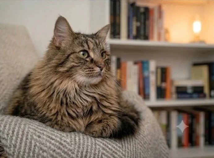 A fluffy, long-haired tabby cat sitting on a gray upholstered armrest in a cozy room with bookshelves in the background.