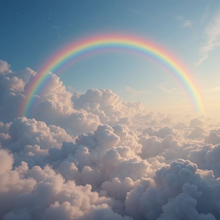 A vibrant rainbow arcing over fluffy clouds in a bright, partly cloudy sky.