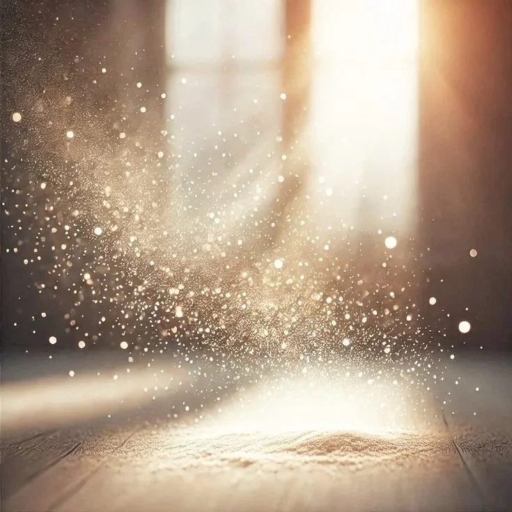 Close-up of dust particles floating in sunlight, dust motes illuminated in the air