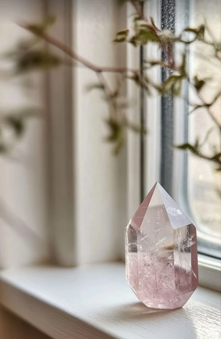 A pink quartz crystal on a windowsill with a blurred plant branch in the foreground and a window showing daylight outside.