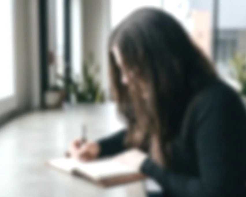 A woman with long brown hair sitting at a desk, writing in a notebook, near large windows with natural light.
