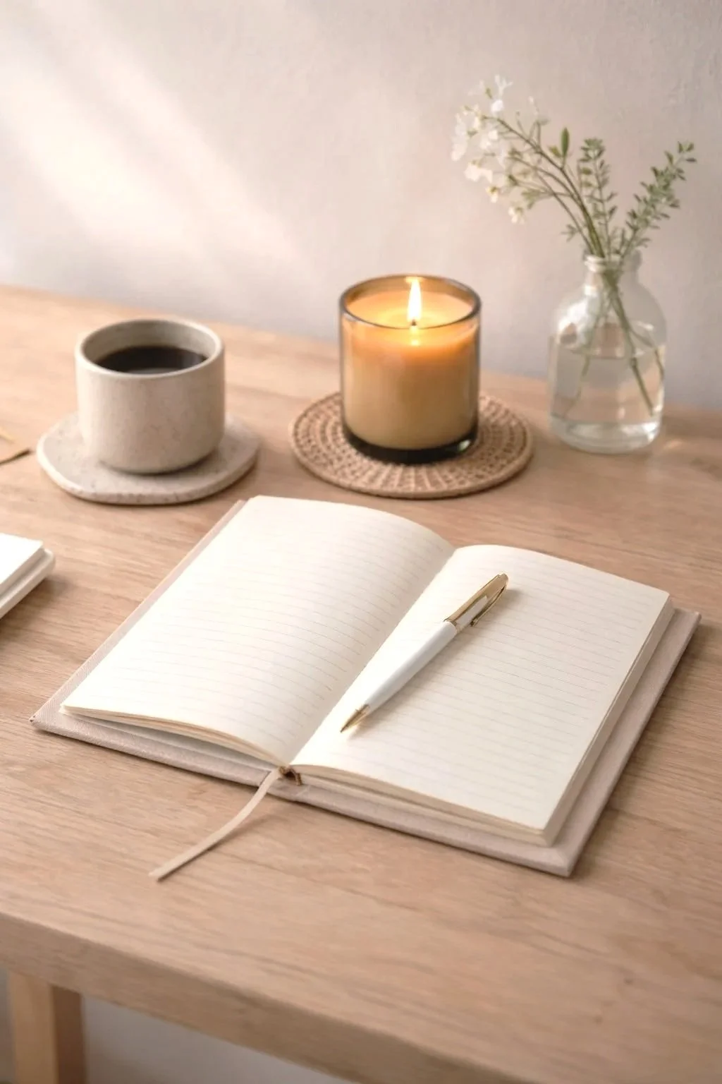 Open notebook with lined pages and a white pen on a wooden desk. There is a lit candle on a woven coaster, a cup of black coffee on a saucer, and a glass vase with white flowers and green leaves in water in the background.