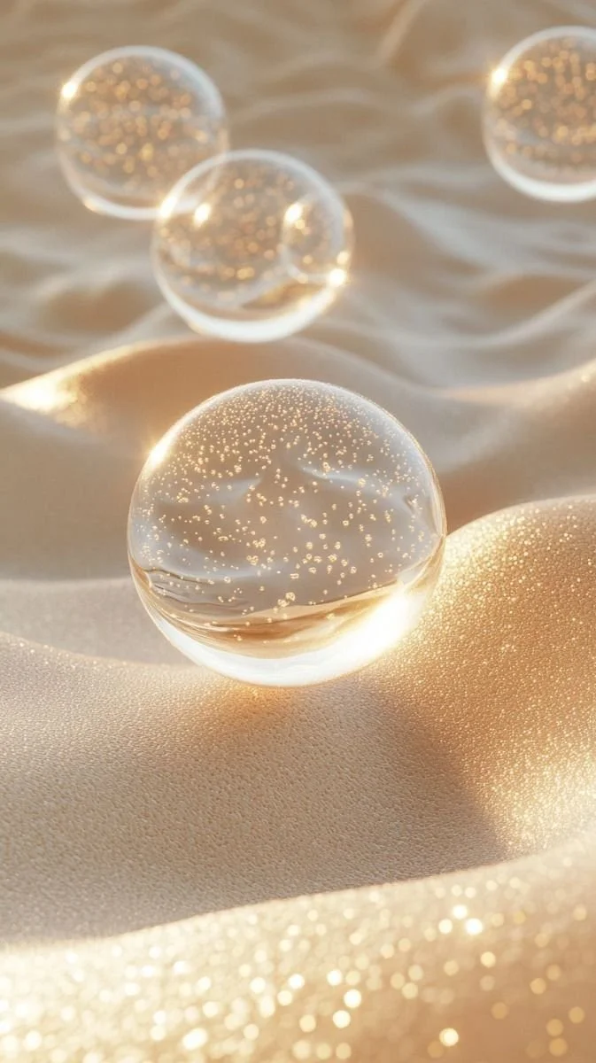Close-up of transparent glass spheres with gold glitter balls inside, resting on shimmering gold fabric.