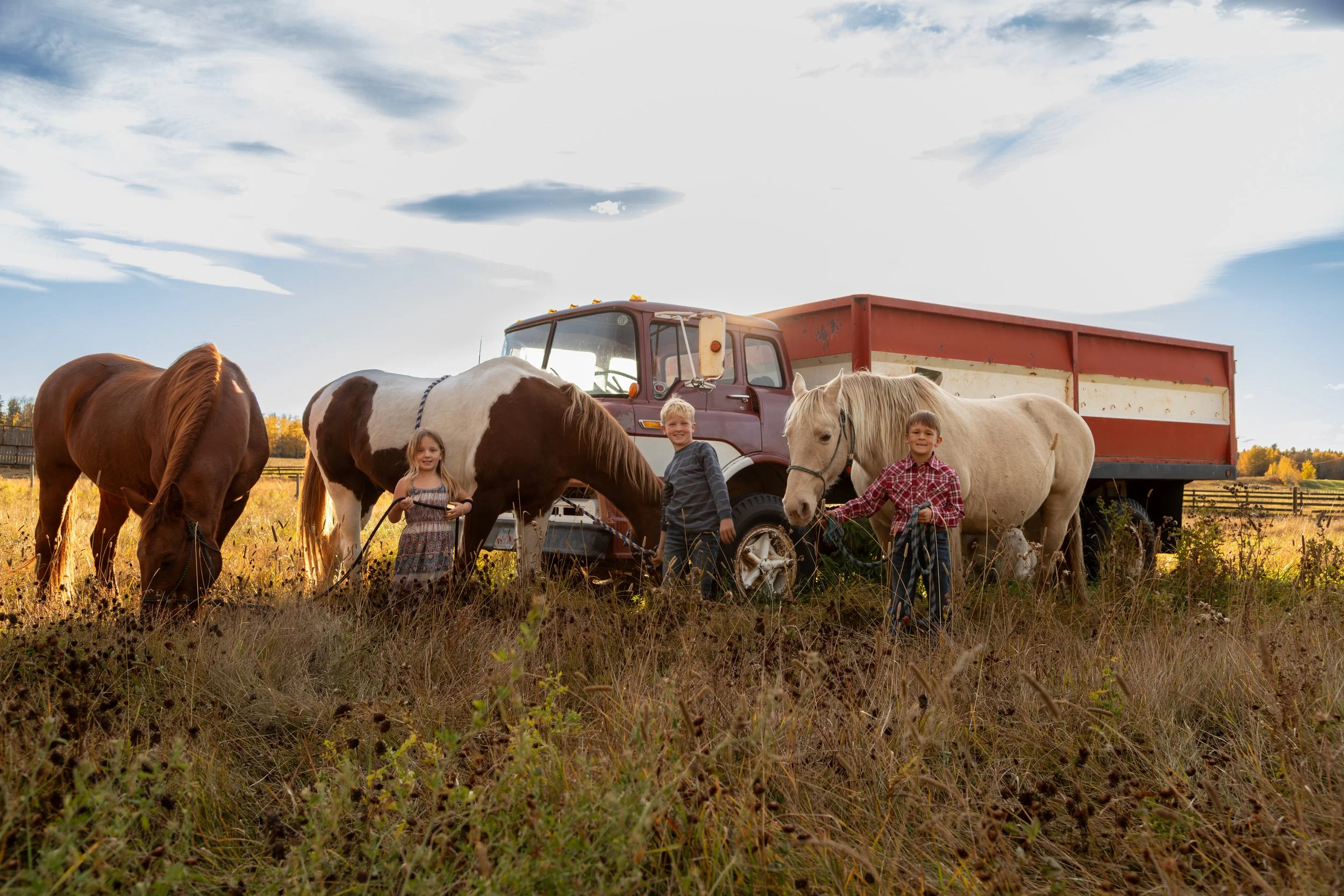 Three children with horses in a grassy field near a red truck under a partly cloudy sky.