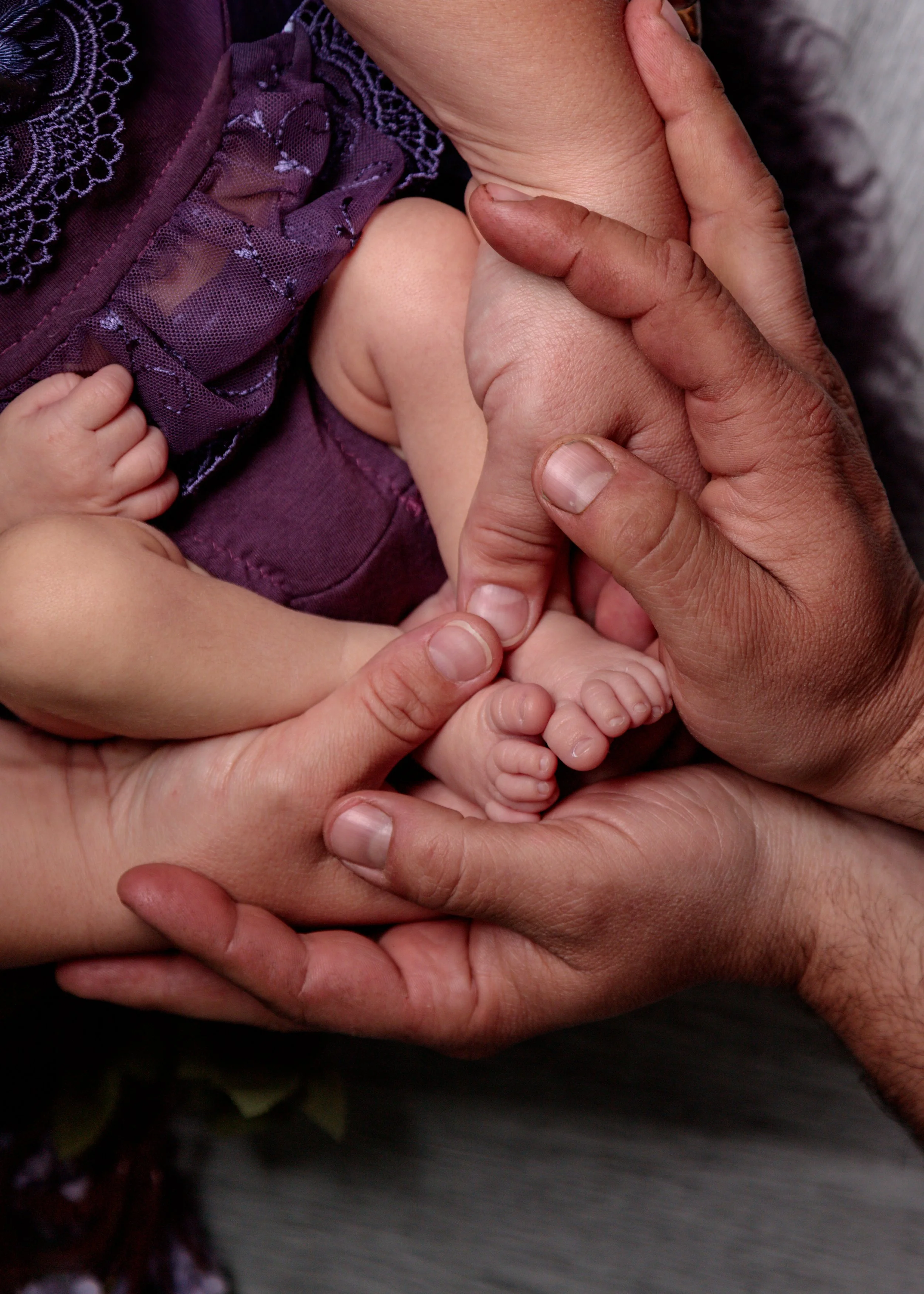Close-up of multiple hands gently holding a small baby's hand and foot, with a purple lace dress visible in the background.