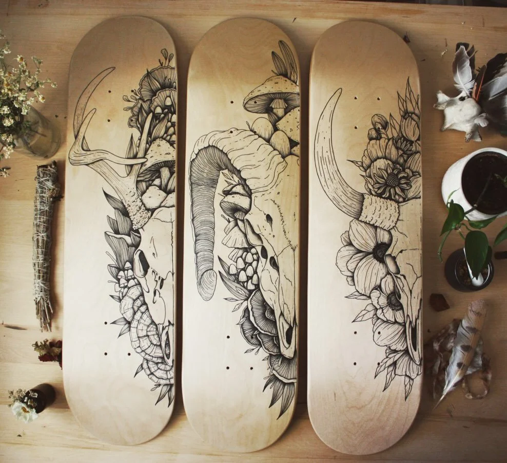 Skateboards are ready just in time for the Christmas season. They&rsquo;re the perfect gift for art lovers who appreciate something a little bold and edgy.⁣ Available @thenextpageyyc 
⁣
#yycartist #skullart #artbotanica