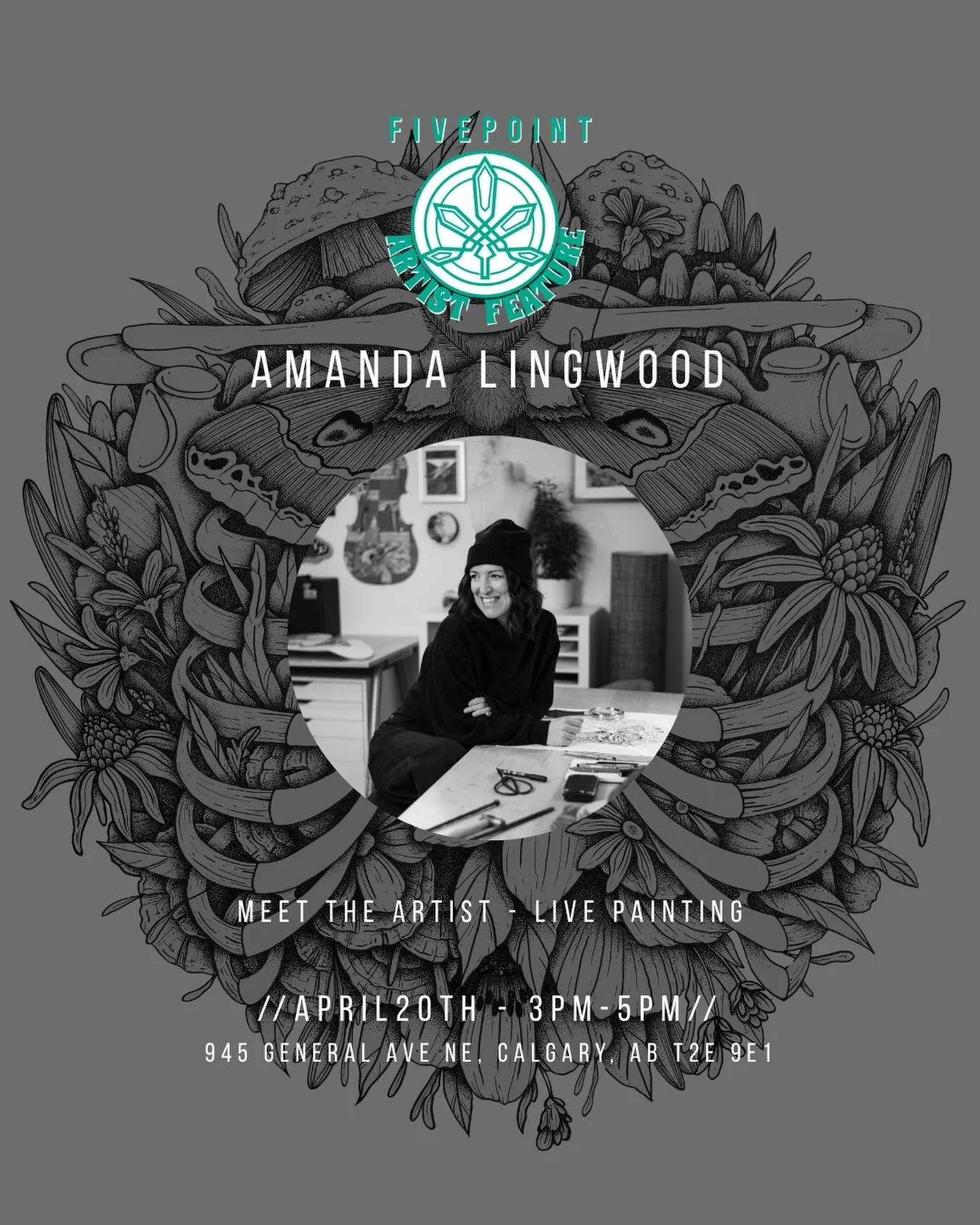 Come check out the gallery space at @fivepointbridgeland this Monday from 3&ndash;5pm at the Bridgeland location. I&rsquo;ll be live painting at FivePoint&rsquo;s 4/20 event 🌱💨⁣
⁣
Come hang out, chat with me, ask questions, and be the first to get 