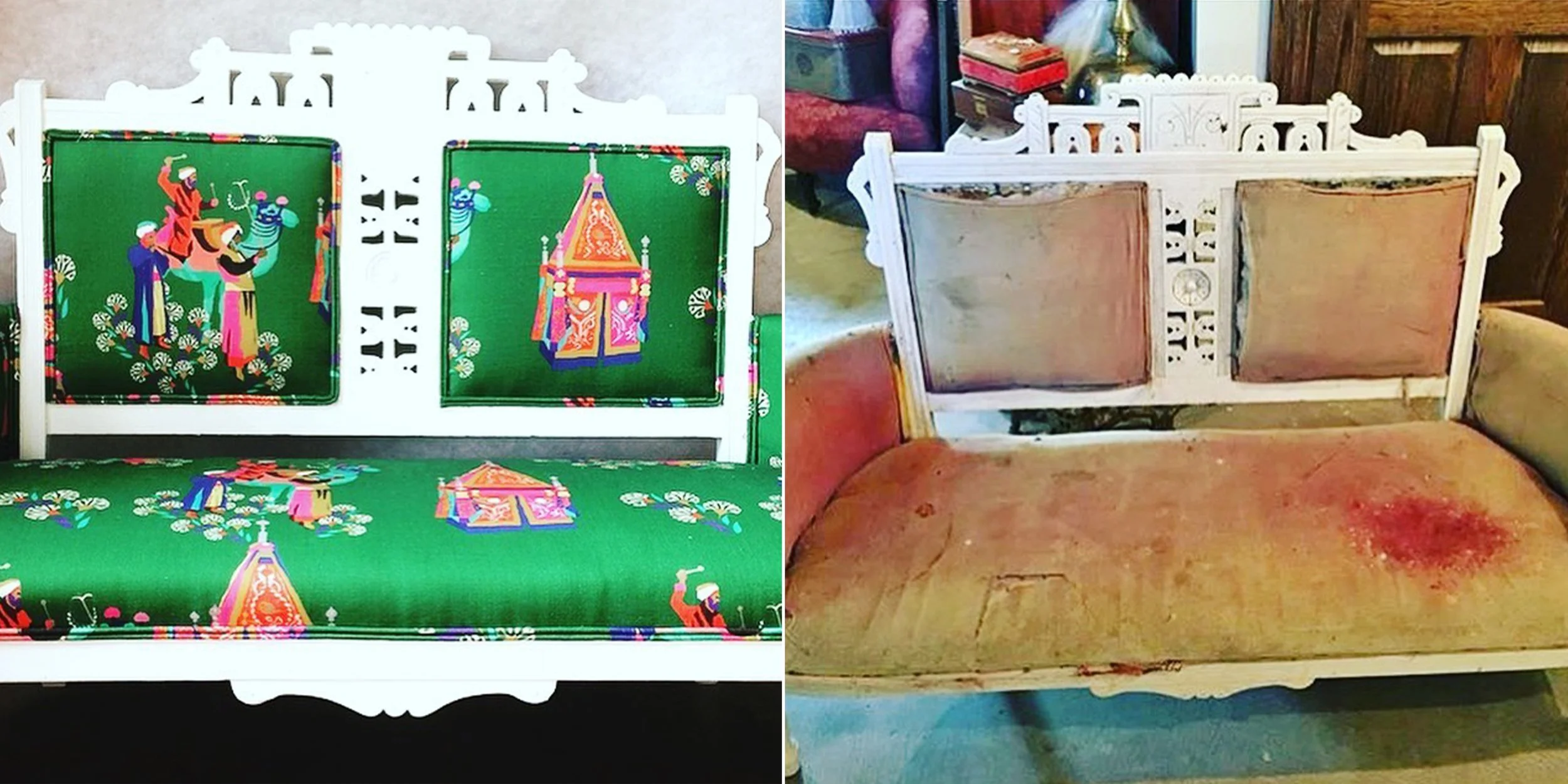 Left side shows a white wooden bench with a colorful, festive fabric cushion and backrest with traditional Indian patterns in green, pink, blue, and orange. Right side shows an old, worn wooden sofa with pinkish-brown upholstery, stains, and tears, i