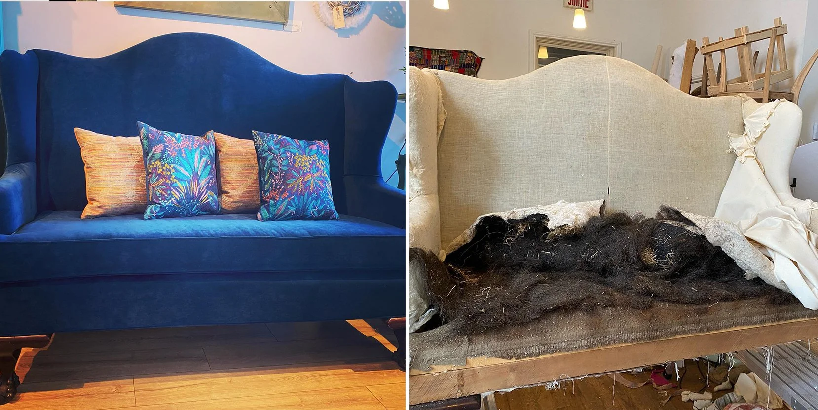 Comparison of two sofas: one modern, navy blue with colorful patterned pillows, and one old, deteriorated with torn fabric and exposed padding.