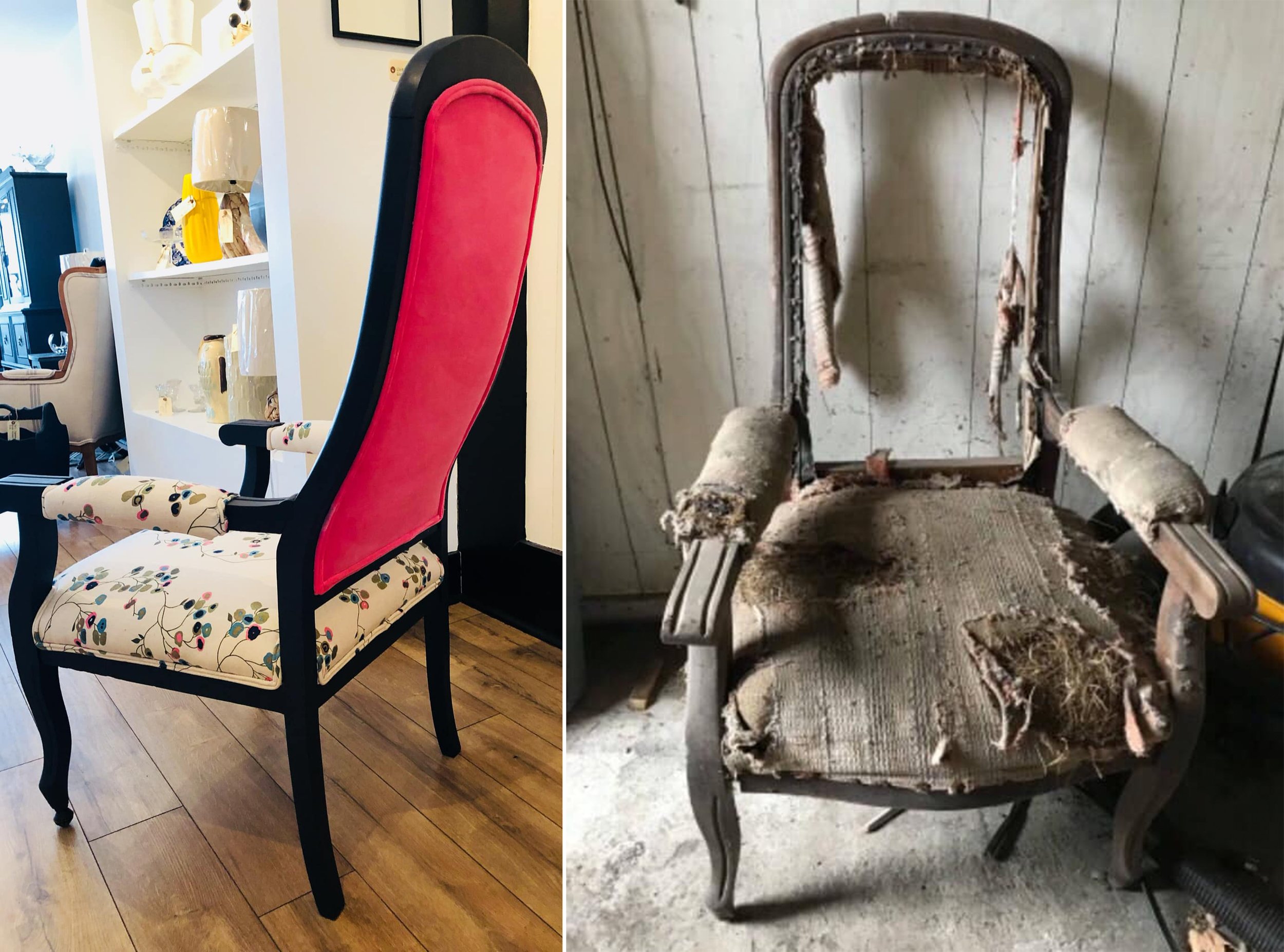 Comparison of two chairs: on the left, a modern, colorful upholstered armchair with a floral pattern and a high back; on the right, a worn-out, dilapidated armchair with peeling upholstery and broken structure.