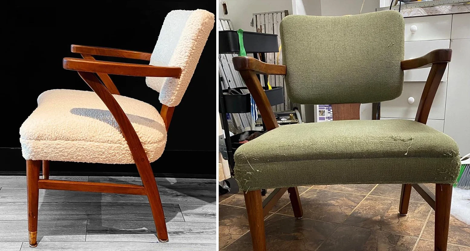 Side-by-side comparison of two vintage chairs with mid-century modern design, wooden frames, and upholstered seats and backs in contrasting condition, set against different backgrounds.