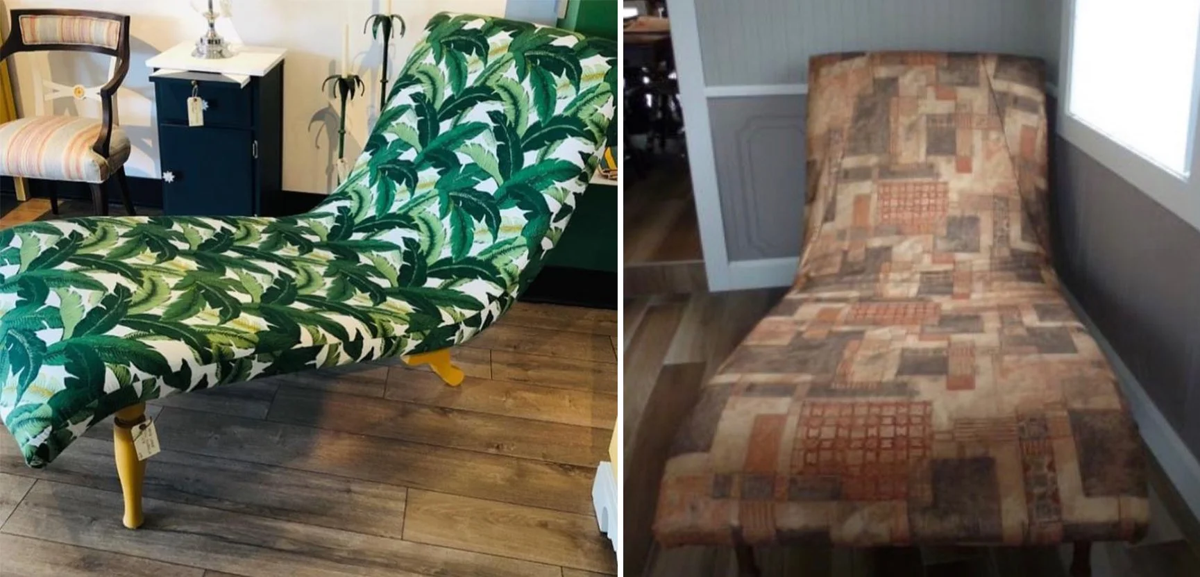 Comparison of two sofas; the left sofa is upholstered with a vibrant green leaf pattern, and the right sofa has a geometric pattern in earth tones.