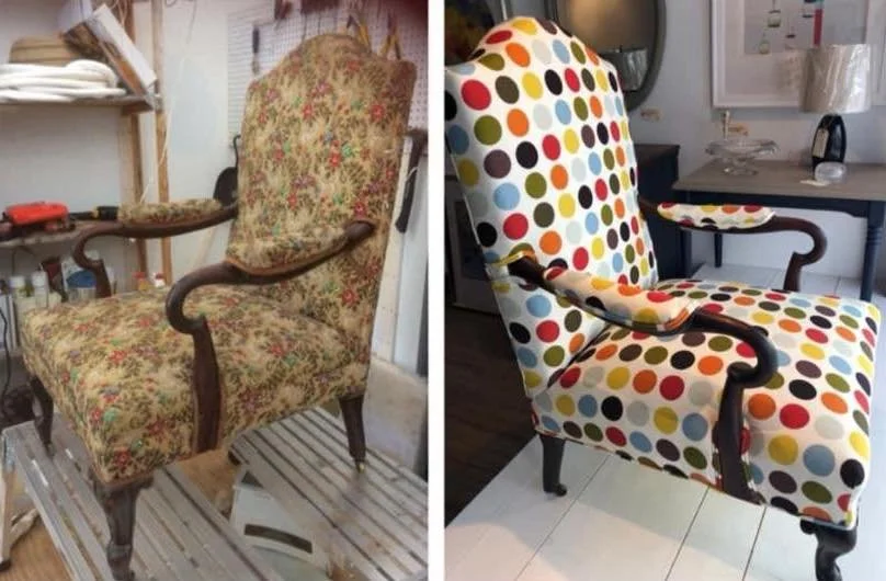 Comparison of two vintage armchairs, before and after reupholstering; the left chair has floral fabric, the right chair has colorful polka dot fabric.