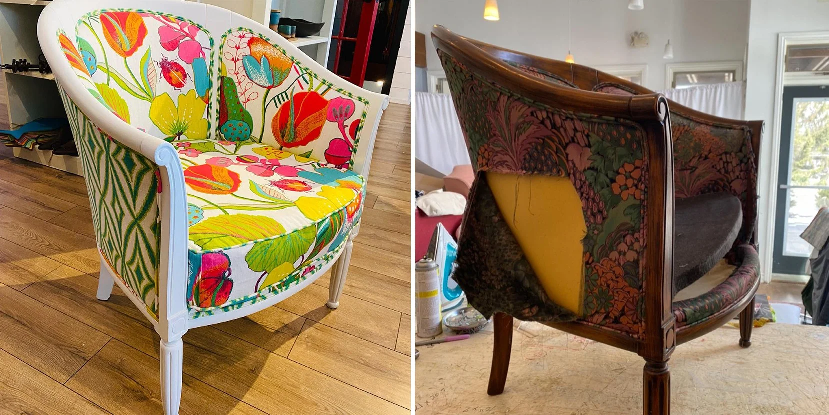 Comparison of two vintage-style armchairs, one with a colorful floral pattern and white frame on the left, and the other with a muted floral pattern and dark wooden frame on the right.