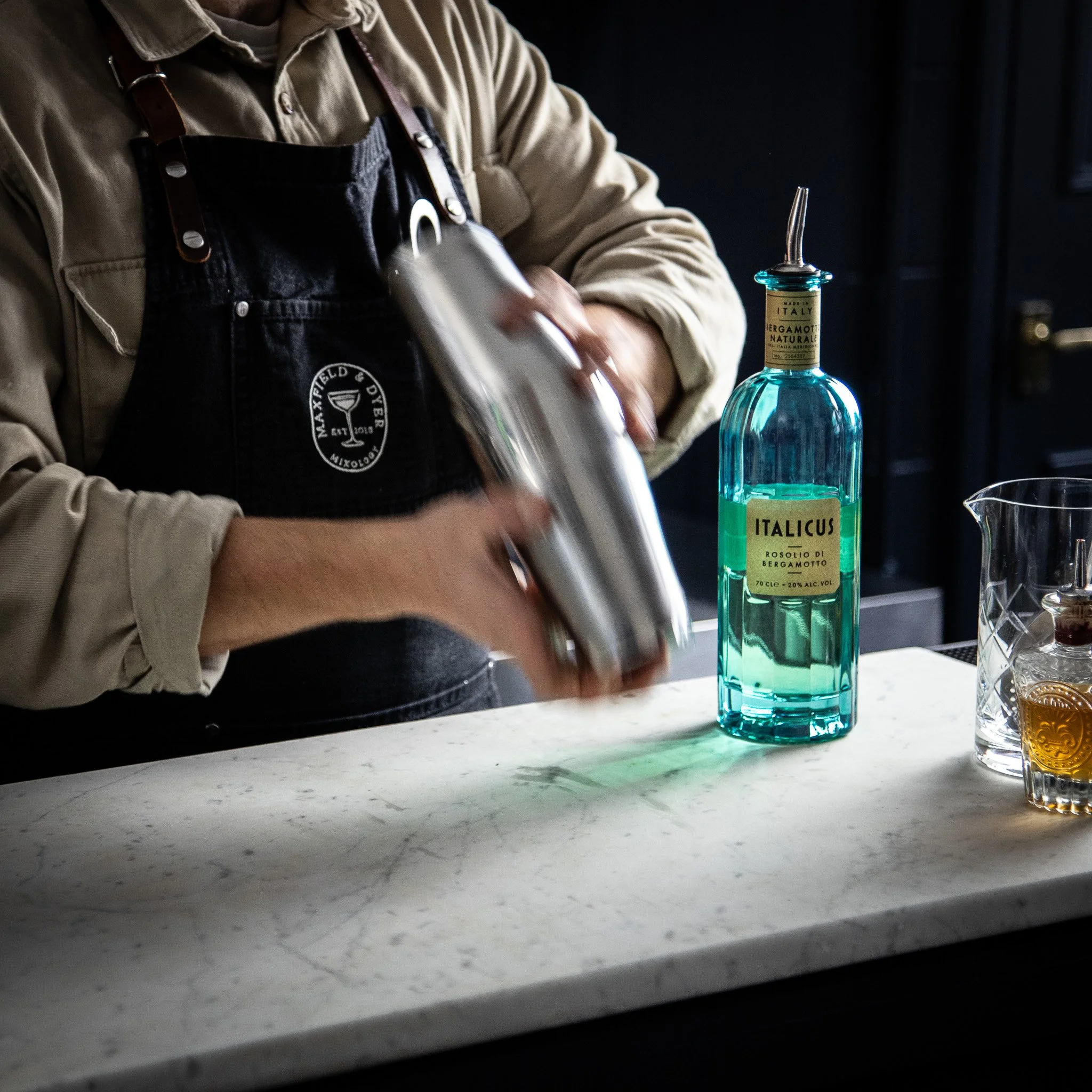 Two handsome young men behind a bar preparing cocktails, with bottles, glasses, and a basket of citrus fruits on the counter, and shelves with bottles and kitchenware in the background.