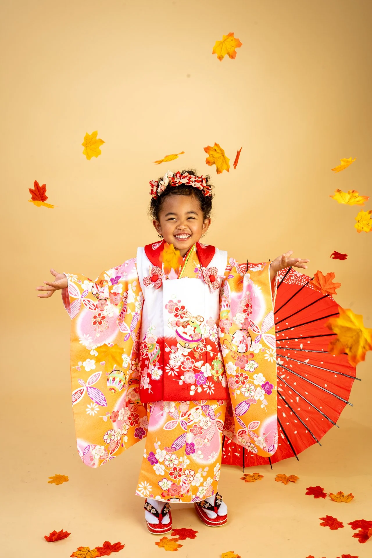Child in a traditional Japanese kimono celebrating Shichi-Go-San at WakaWakka in Los Angeles