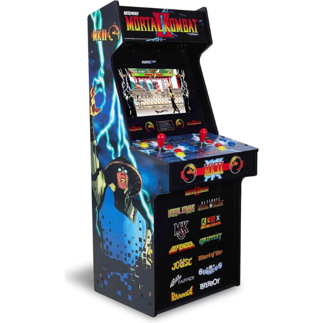 Mini arcade game machine themed after Mortal Kombat featuring artwork of a woman with sunglasses and lightning bolts, with game controllers and original Mortal Kombat arcade graphics.