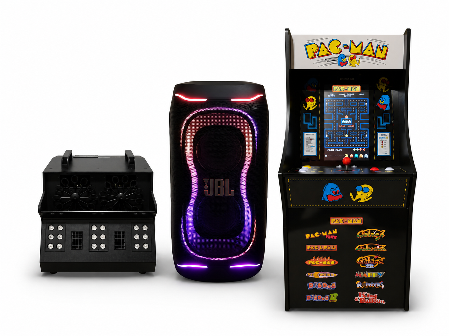 Party package, jbl party speaker, your choice arcade machine, and fog smoke bubble maker