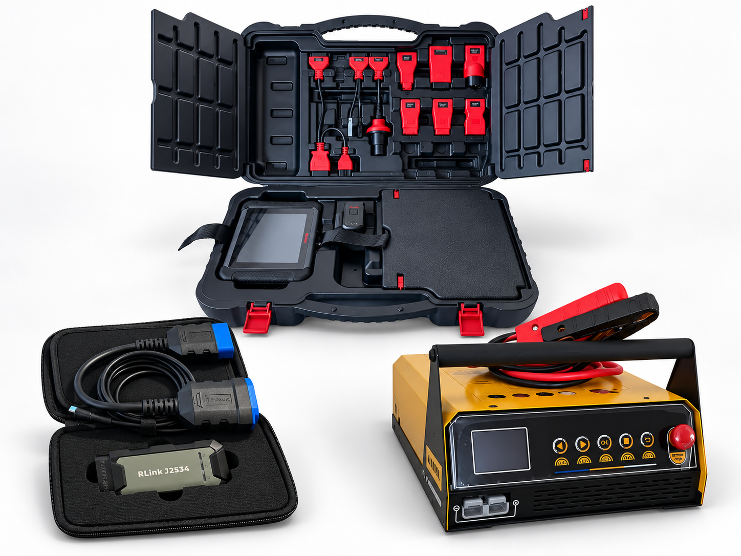 diagnostic and reprogramming bundle for a complete vehicle service setup: a professional vehicle scanner, a high-capacity flash power supply, and the RLink J2534 reprogramming tool