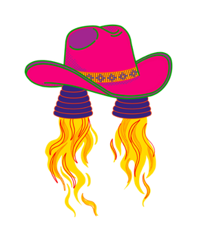 Pink cowboy hat with flames like a rocket ship.