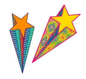 Colorful star-shaped comets with vibrant, patterned comet tail