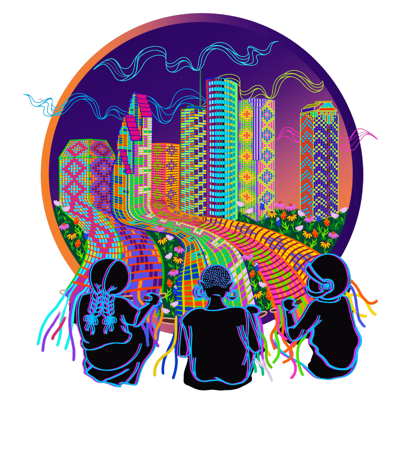 Neon-style digital illustration of three people sitting and weaving at a futuristic cityscape with colorful, glowing skyscrapers, roads, flowers, and a circular frame.