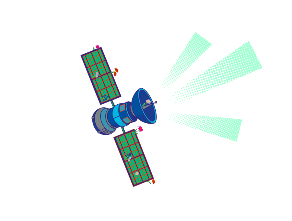 Illustration of a satellite with solar panels and antennas transmitting signals in space.