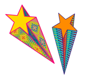 Colorful star-shaped comets with vibrant, patterned comet tail