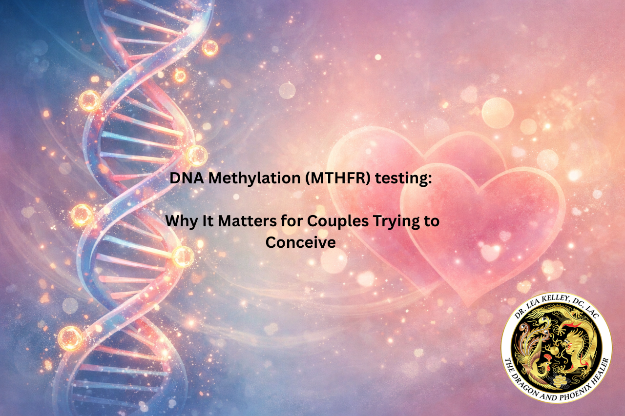 DNA image on the left with two hearts on the right and The Dragon and Phoenix logo lower right corner. DNA Methylation (MTHFR) Testing; Why It Matters for Couples Trying to Conceive text within the picture.