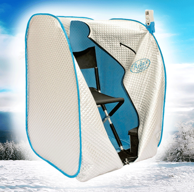 A portable outdoor ice fishing shelter with a chair inside, set against a snowy landscape with trees and a clear blue sky.