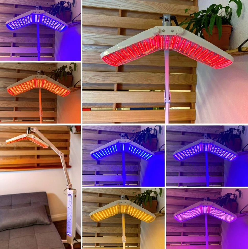 LED light therapy panel used during facial treatments with red, blue, yellow and purple wavelengths to support skin rejuvenation, acne care, and a healthier complexion.