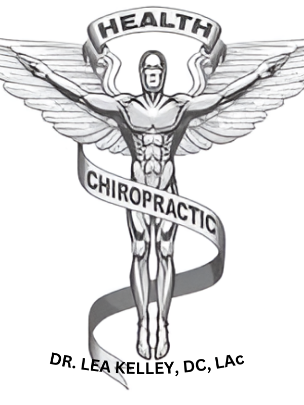 Image of the traditional chiropractic angel with a Health banner above and a chiropractic banner in the middle with Dr. Lea Kelley, DC, LAc below