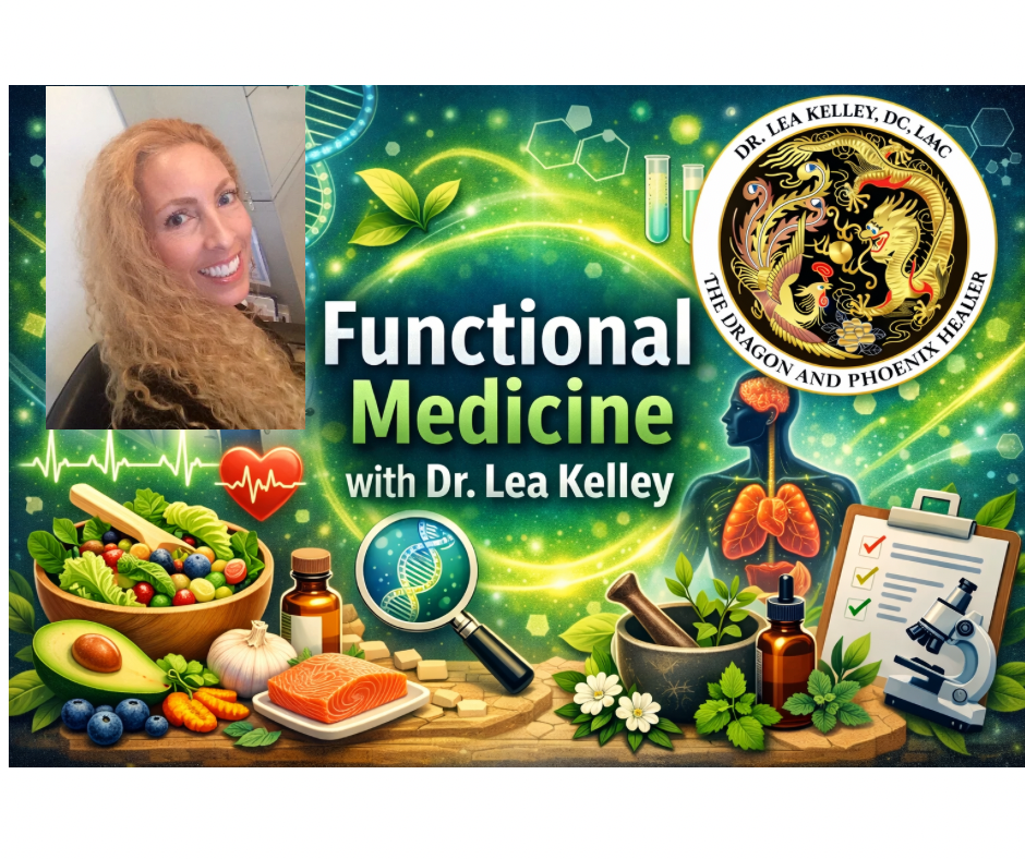 Image of Dr. Lea Kelley top left, Dragon and Phoenix Healer logo top right. Functional Medicine with Dr. Lea Kelley in the center. Lower half of the page is images of healthy salad, avocado, salmon, pic of DNA under a microscope, microscope on bottom