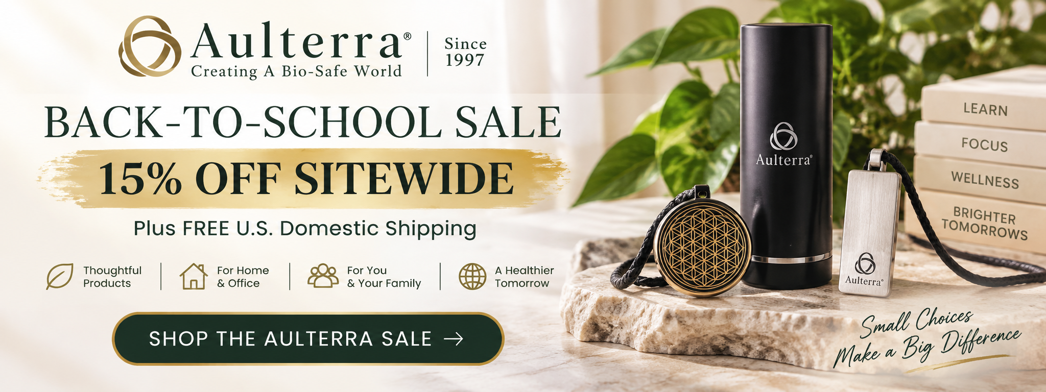 Aulterra Back-to-School Sale offering 15% off sitewide plus free U.S. domestic shiipping