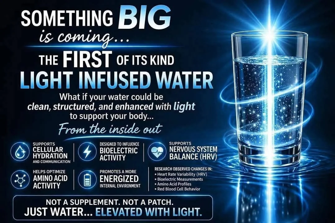 An image of a Lifewave X2O's Light-Infused glass of water  (bubbles and a bright light shining from above), highlighting the claims of health and wellness benefits.